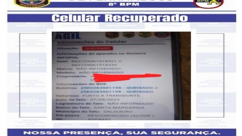 Polícia Militar recupera celular furtado no bairro Santa Margarida em Salgueiro