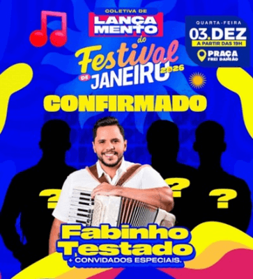 Ouricuri fará lançamento do Festival de Janeiro 2026 em 3 de dezembro, com show de Fabinho Testado e convidados