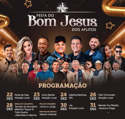 Floresta-PE: Festa do Bom Jesus dos Aflitos tem shows confirmados de Toque Dez, Tarcísio, Vitor Fernandes e outras atrações