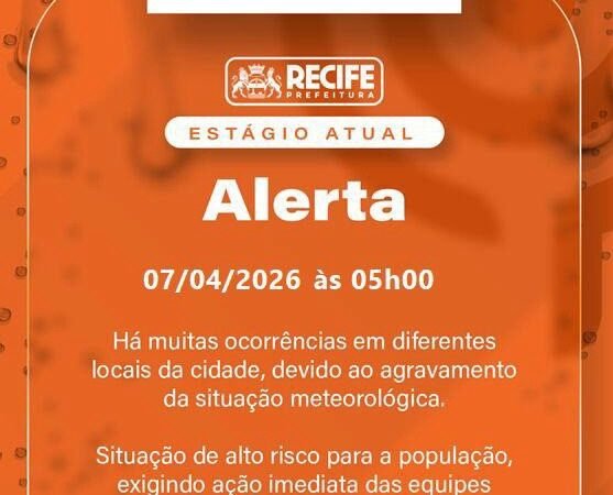 O Centro de Operações do Recife (COP) informa que a cidade entrou em estágio de ALERTA às 5h desta terca-feira (7)