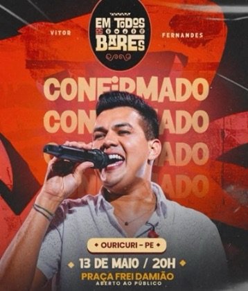 Vitor Fernandes fará show em praça pública em Ouricuri, com o projeto ‘Em Todos os Bares’