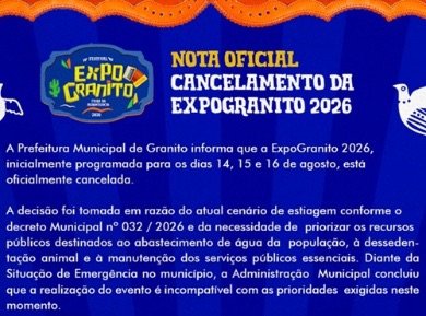 Prefeitura de Granito-PE cancela ExpoGranito 2026 para priorizar abastecimento de água e manutenção de serviços públicos
