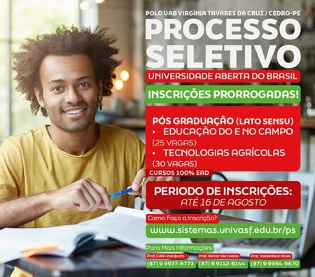 Polo UAB de Cedro-PE prorroga inscrições cursos de pós-graduação a distância