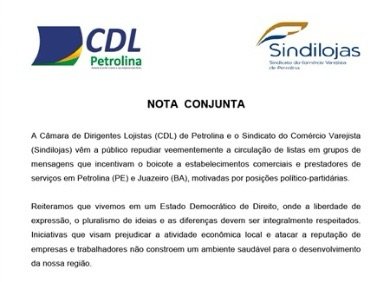 CDL e Sindilojas de Petrolina repudiam listas de boicote a estabelecimentos comerciais após eleições